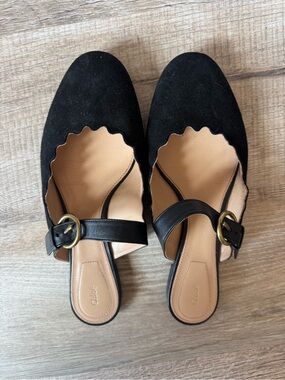 Chloe Black Scallop-Edge Suede Buckle Mules